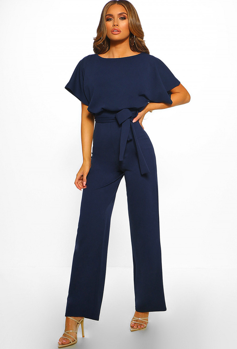 Womens Belted Short Sleeve Jumpsuit Dark Blue |  Jumpsuits Clothing Dark Blue