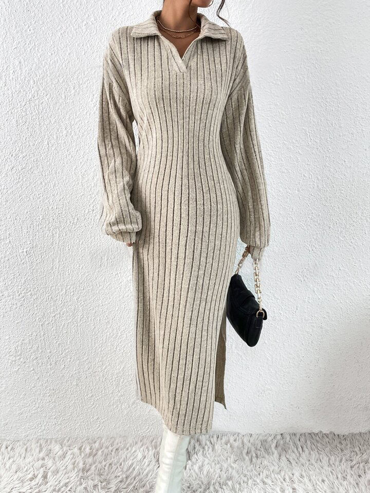 Womens Collared Rib-Knit Midi Dress White |  Dresses Clothing Dresses