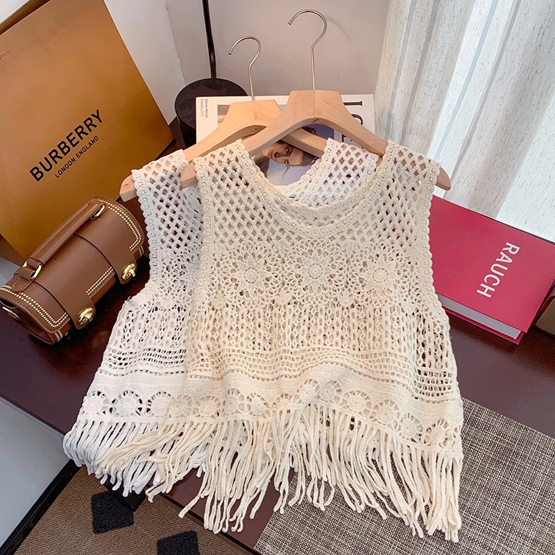 Womens Crocheted Fringe Tank Top Cream |  Tops Clothing Cream