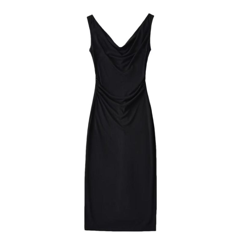 Womens Draped Cowl Neck Midi Dress Black |  Dresses Clothing Black