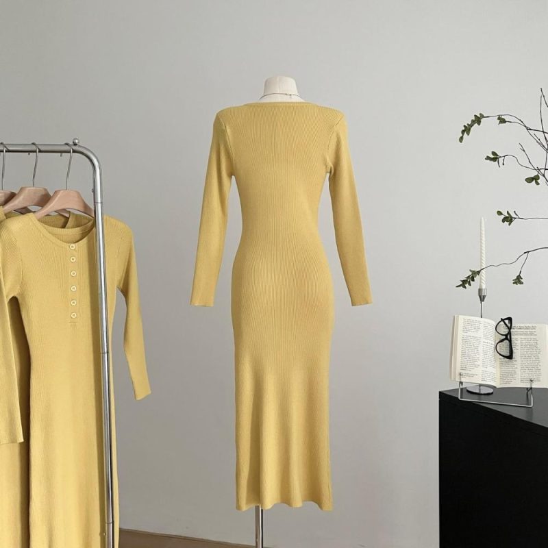 Womens Fitted A-Line Wool Knit Dress Yellow |  Dresses Clothing Dresses