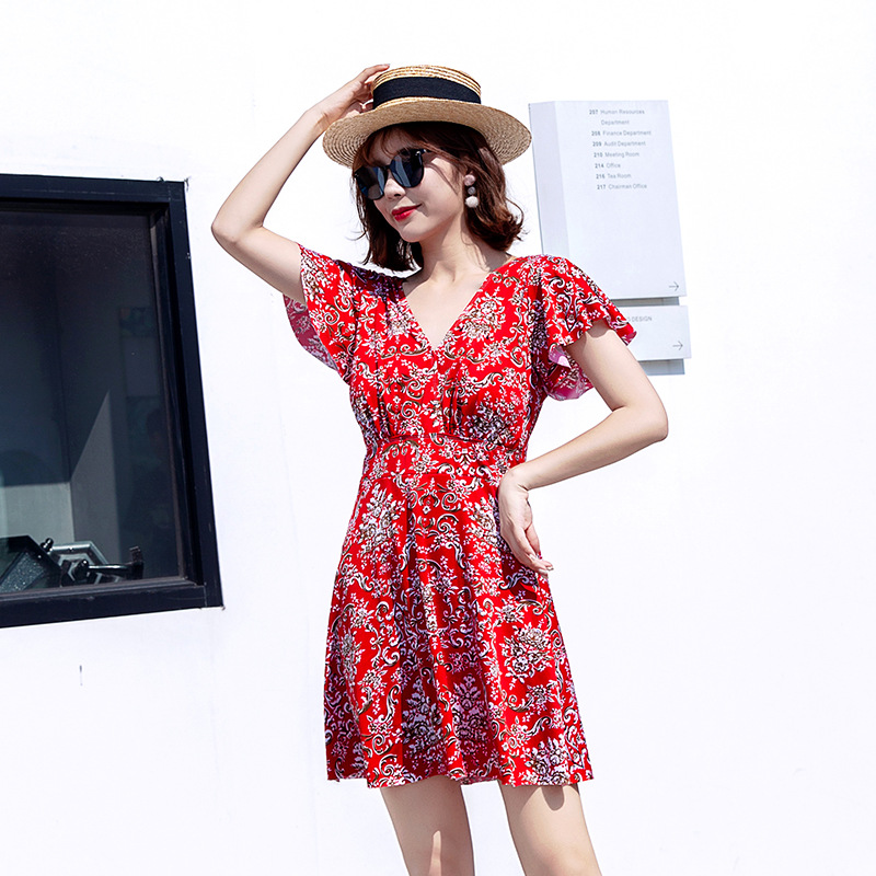 Womens Flutter-Sleeve Midi Dress Red/White |  Dresses Clothing Dresses