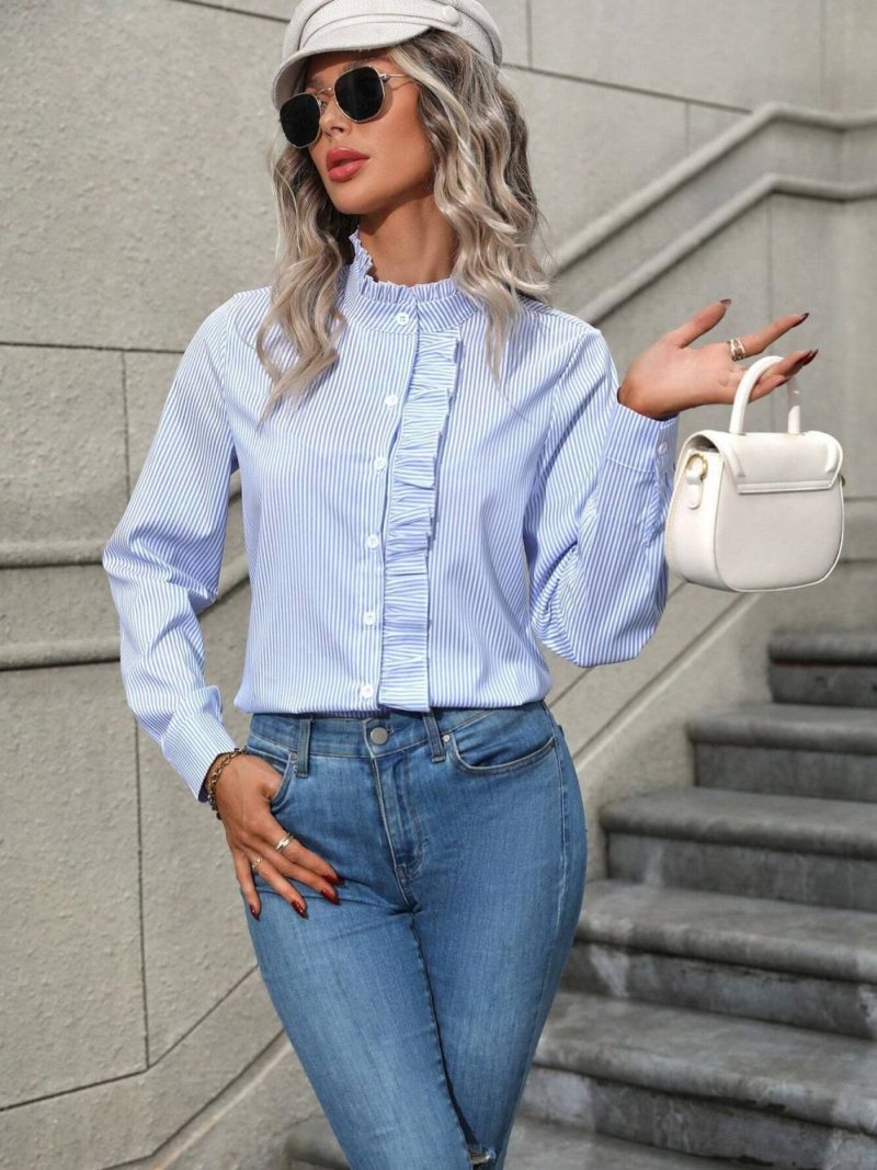 Womens Frilled Detail Blouse Ivory/Light Blue Pinstriped |  Blouses & Shirts Blouses & Shirts Blouses & Shirts