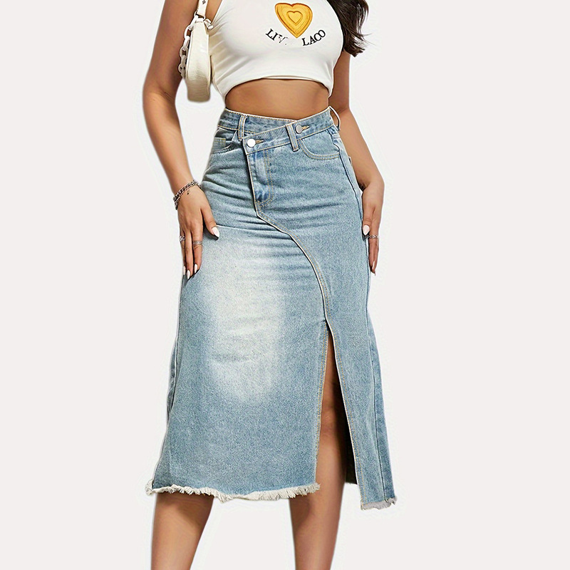 Womens Front-Slit Denim Midi Skirt Faded Blue |  Skirts Clothing Faded Blue