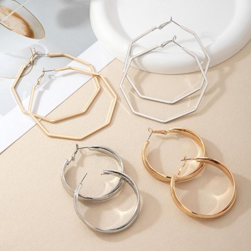 Womens Hexagon Hoop Earrings Gold |  Earrings Earrings Earrings