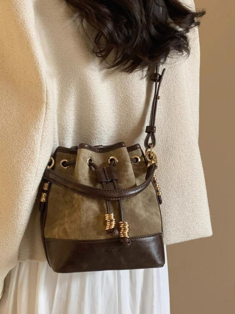 Womens Leather-Trimmed Canvas Bucket Bag Beige |  Shoulder Bags Bags Beige