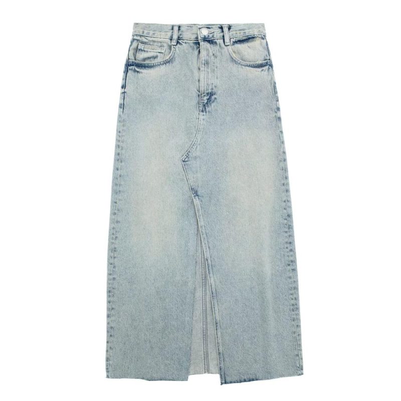 Womens Long Frayed Edge Denim Skirt Light Blue |  Skirts Clothing Light Blue