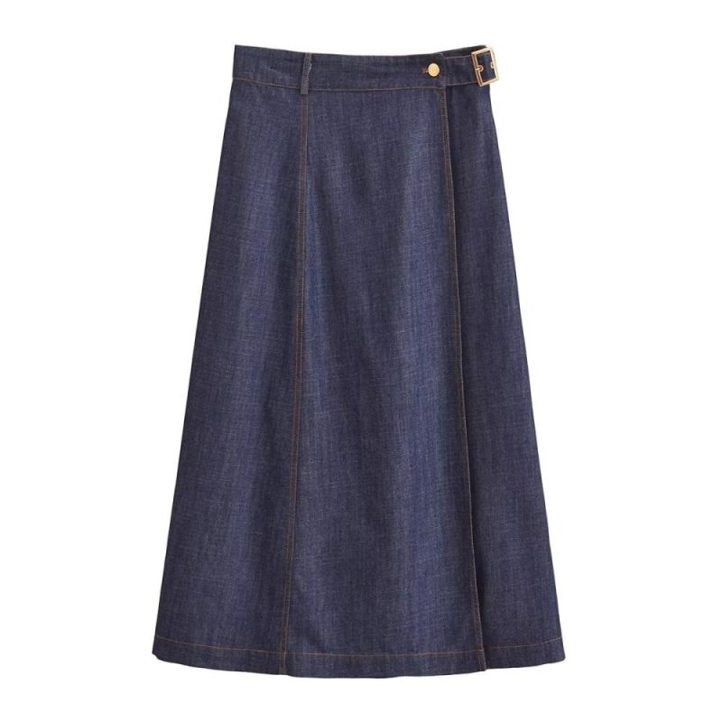 Womens Low-Rise Denim Wrap Skirt Dark Blue Washed Denim |  Skirts Clothing Dark Blue Washed Denim