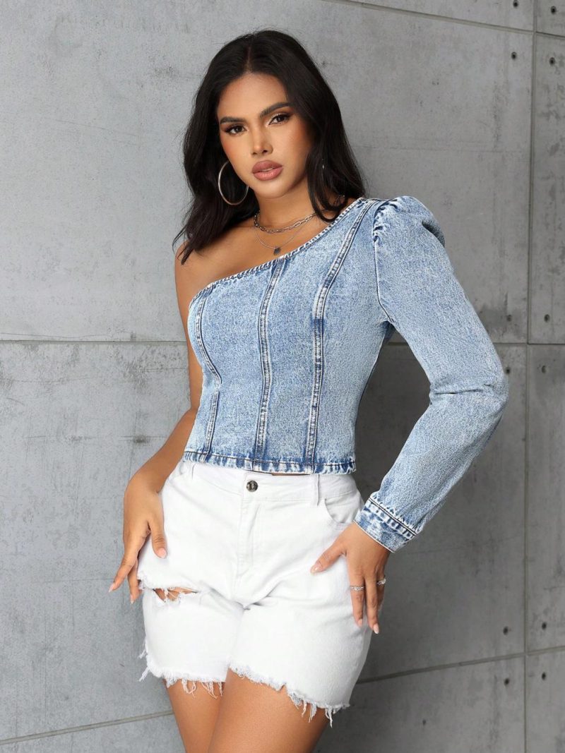 Womens One-Shoulder Denim Top Light Blue |  Tops Blouses & Shirts Blouses & Shirts