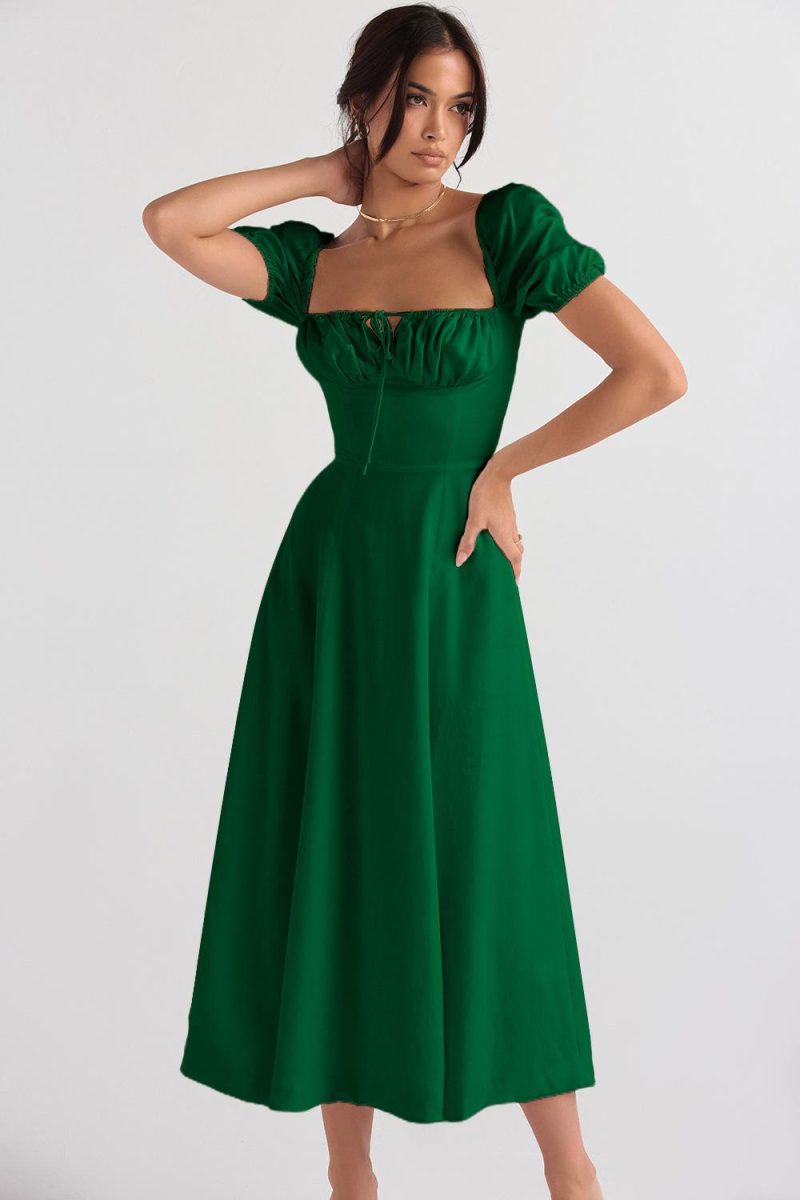 Womens Puff-Sleeve Midi Dress Green |  Dresses Clothing Dresses