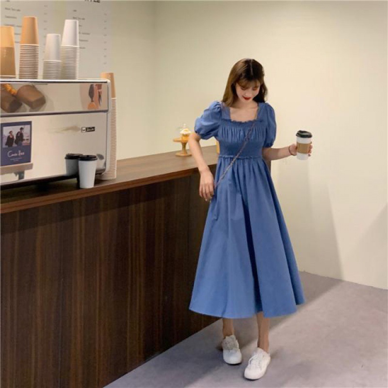 Womens Puff-Sleeve Midi Dress Light Blue |  Dresses Clothing Dresses