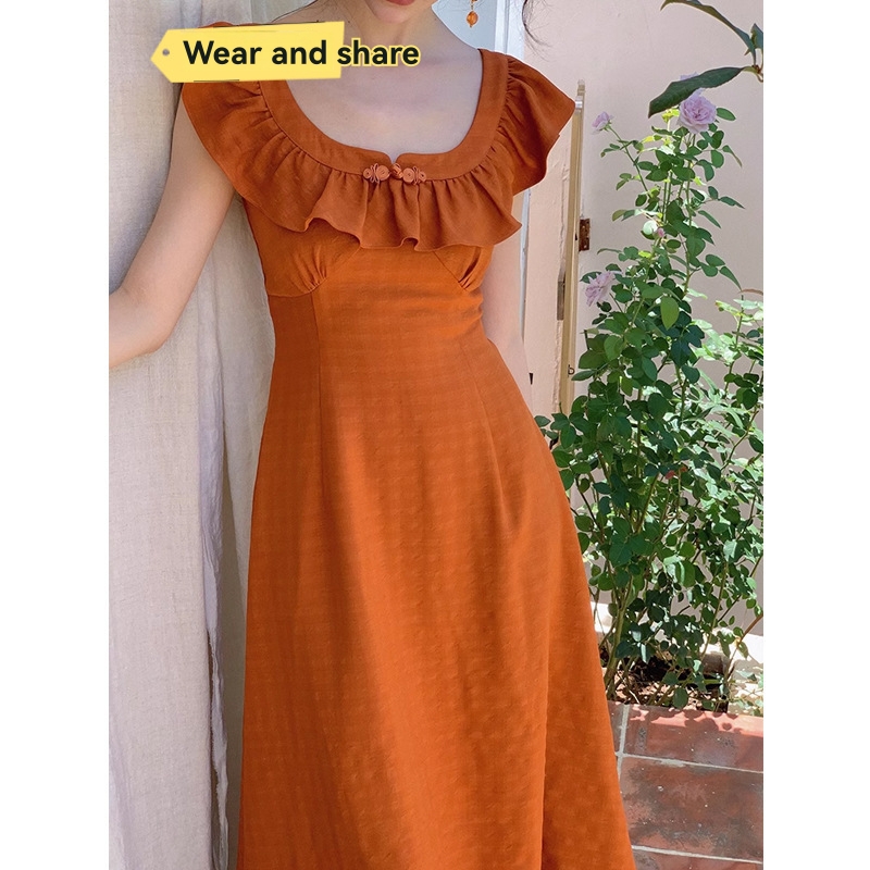 Womens Ruffle Neck Linen Midi Dress Orange |  Dresses Clothing Dresses