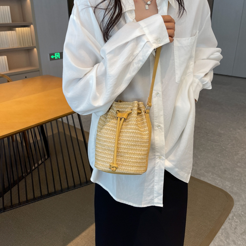 Womens Woven Paper-Straw Bucket Bag Straw |  Shoulder Bags Bags Shoulder Bags